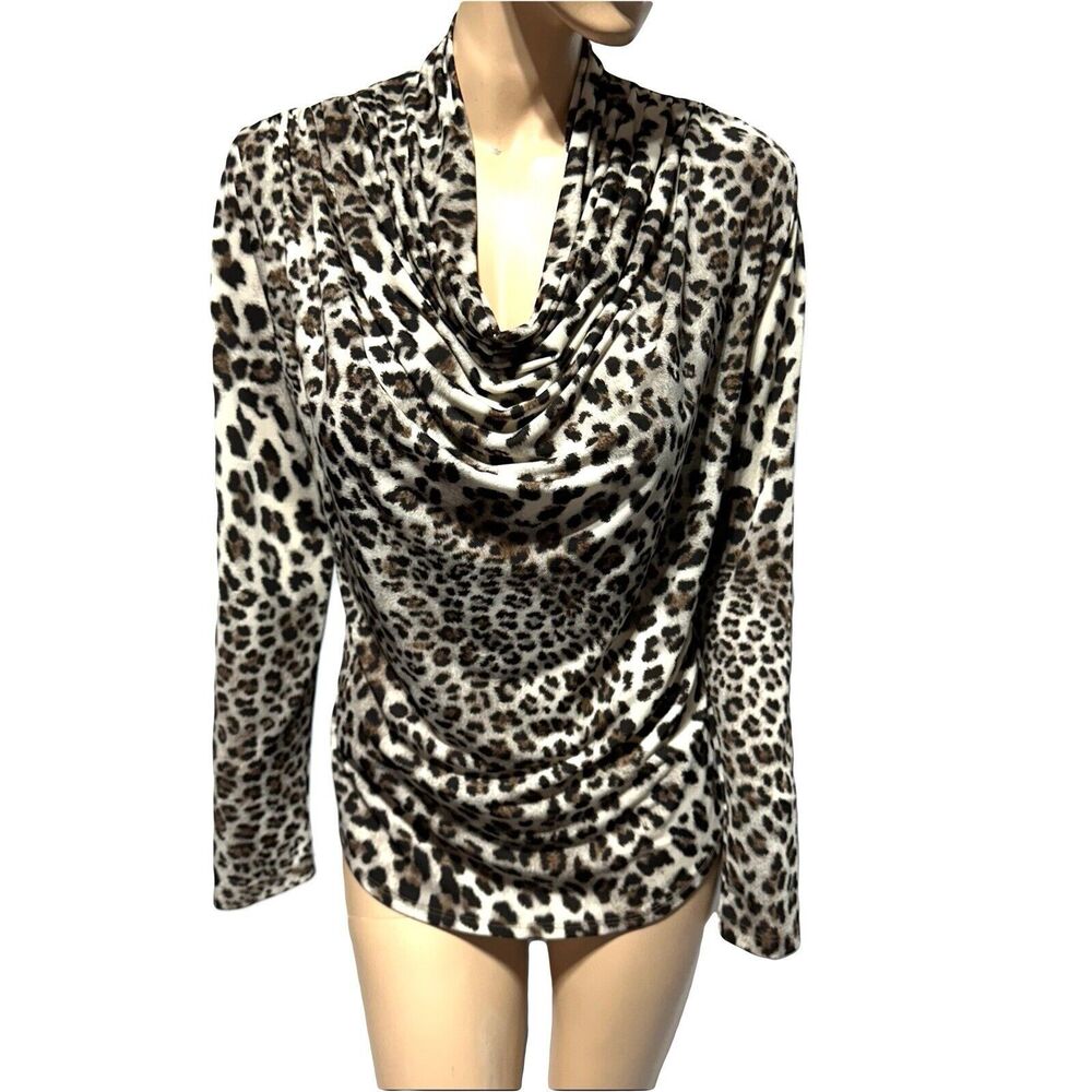 KAREN KANE Animal Print Draped Neck Blouse Leopard Top Women’s Size L Large USA